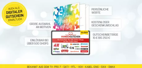 WUNSCHGUTSCHEIN |  Ein Gutschein einlösbar für 500 Online-Shops