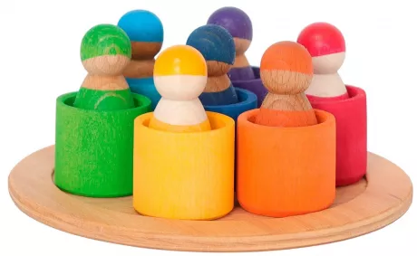 Grimms Sieben Freunde in Holzschälchen, 15-teilig aus Ahornholz, bunt lasier, 19 x 19 x 7 cm