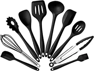 JG STORE Kit 10 Peças Jogo De Utensílios De Silicone Maciço Cozinha Inox Pegador Espátula Colher Concha Pincel (Preto) | Amazon.com.br