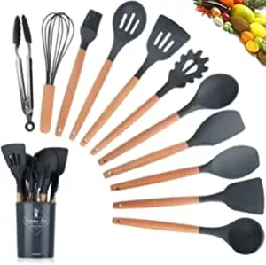 Jogo Utensílios de Cozinha em Silicone Madeira 12 Peças (Grafite) | Amazon.com.br