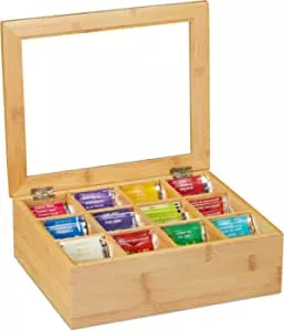 Relaxdays Teebox, Bambus, 12 Fächer, Teekiste mit Sichtfenster, Organizer für Teebeutel, HxBxT: ca. 9x28x23 cm, natur, 10032112 : Amazon.de: Küche, Haushalt & Wohnen
