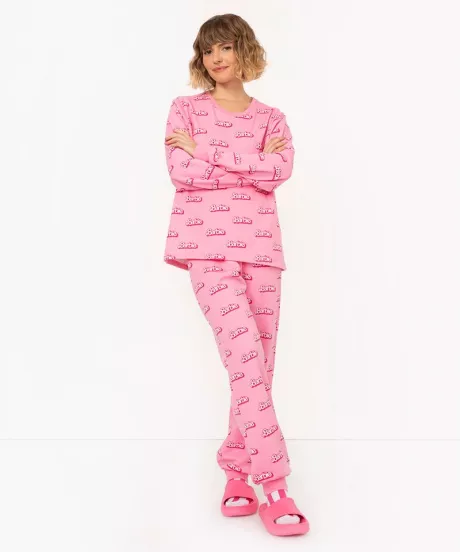 pijama longo de algodão barbie rosa - C&A