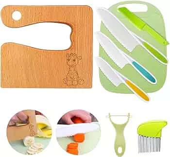 Goodchef Children's Knife 8-Piece Children's Kitchen Knife Set for Cutting and Cooking Fruit or Vegetables for Toddlers, Safety Wooden Knife, Chopping Board, Peeler Knife from 2 Years (Giraffe) : Amazon.de: Home & Kitchen