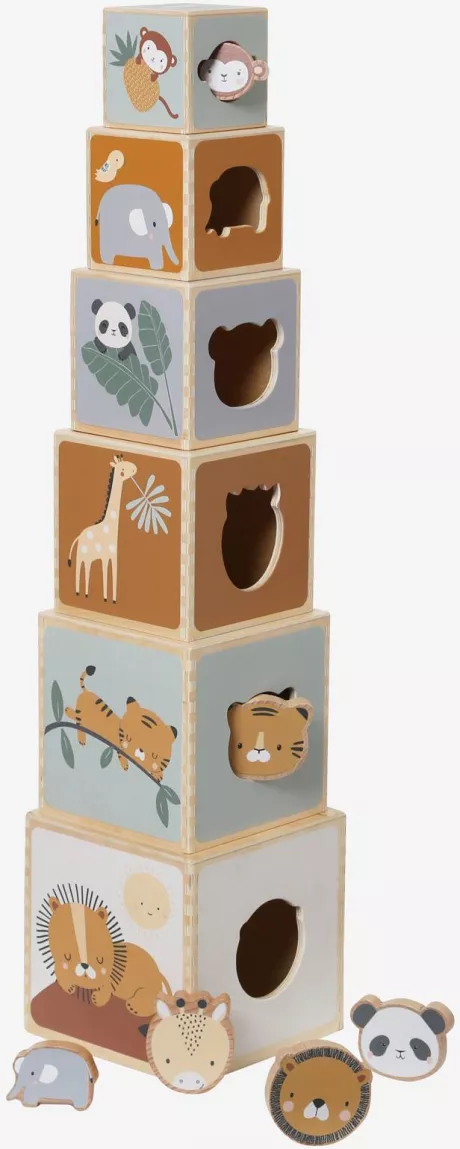 Baby Stapelturm mit Steckspiel aus Holz FSC® - beige, Spielzeug für 12-monatige Babys