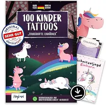 HeyLani® 100 Hautfreundliche Kindertattoos - "SEHR GUT" Dermatologisch Bewertet - Perfektes Kindergeschenk für Geburtstage - Klebe-Tattoos - Einhorn-Motive - 6 Kinder Tattoo Sets: Amazon.de: Spielzeug
