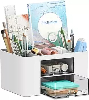 PAMIYO Desk Organiser, 7 Compartments, Plastic Office Organiser, Multifunctional Pen Holder, Desk with Drawer, Plastic Table Organiser, Pen Holder for Office, Home, School (White) : Amazon.de: Stationery & Office Supplies