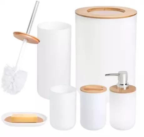 Conjunto Acessórios Kit Completo Para Banheiro C/ Lixeira Saboneteira Escova Sanitaria 6 Peças Cor Branco e Tampa Bambu | Frete grátis