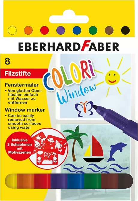 Eberhard Faber Colori 550022 Window Marker 8 Washable Window Pens with 3 Stencils