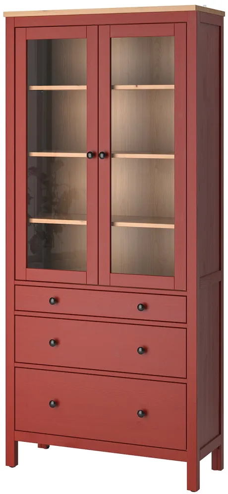 HEMNES Vitrine mit 3 Schubladen, rot las./hellbraun lasiert, 90x197 cm - IKEA Deutschland
