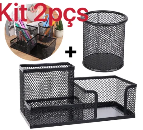 Porta Lápis + Porta Treco Organizador de Mesa de Escritório Kit caneta metal aramado - 27,00