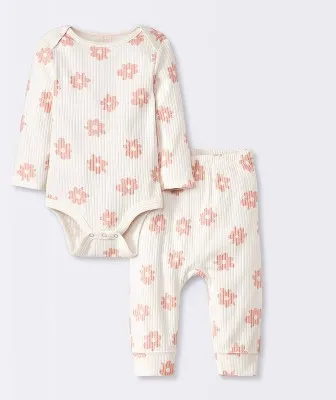 Baby 2pc Floral Wide Ribbed Top & Bottom Set - Cloud Island™ Cream 24M: Cotton Long Sleeve Bodysuit & Pull-On Pants : Target