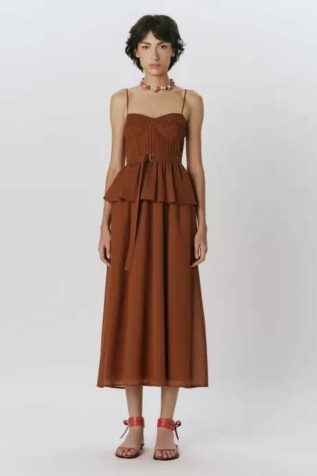 Vestido midi corpete franzido | Caramelo | Andrea Marques