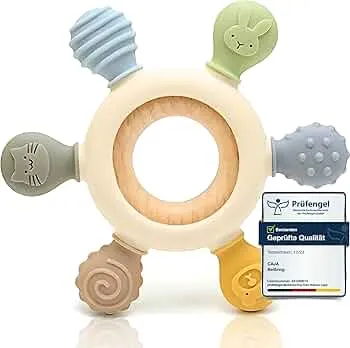 CAJA Beißring Baby BPA freie Zahnungshilfe und Beißspielzeug aus Silikon und Holz Greifring mit Tiermotiv Geschenkidee zur Geburt Sicheres Babyspielzeug für Jungen und Mädchen : Amazon.de: Baby