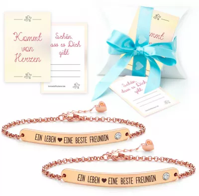 Freundschaftsarmband 2er Set - Gravur Spruch - Beste Freundin - mit Geschenkbox & Grußkarte | kreatives Geschenk beste Freundin | Freundinnen Geschenkidee - Ein Leben eine beste Freundin - Farbe: Roségold | günstig online kaufen - Himmelsflüsterer.de