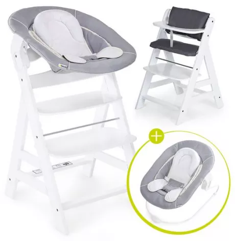 Hauck - Alpha Plus White Newborn Set - 4-tlg. Hochstuhl + Neugeboreneneinsatz & Wippe Stretch Grey + Sitzpolster - Babyartikel.de